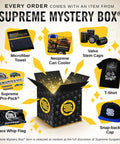 Supreme Mystery Box items including towel, can cooler, valve stem caps, T-shirt, race whip, snap-back cap, and sticker pack
