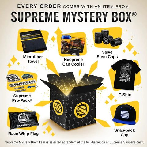 Supreme Mystery Box with items like microfiber towel, neoprene can cooler, and valve stem caps for surprise gifts.