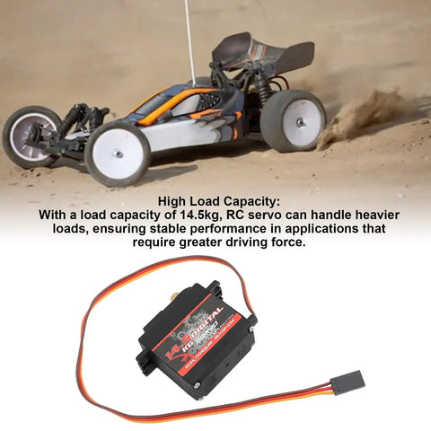 Heavy Duty Full Metal Gear RC Servo Motor Delivering Hella Badass Torque For Rugged Crawlers And Custom Robots Rock Solid Pro Level Drive System 14.5 KG Load Capacity with RC car on sand.