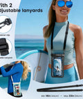 Woman on beach wearing 2 Pack IPX8 Waterproof Phone Pouches With Lanyards, holding a surfboard with ocean background.