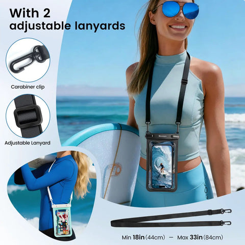 Woman on beach wearing 2 Pack IPX8 Waterproof Phone Pouches With Lanyards, holding a surfboard with ocean background.