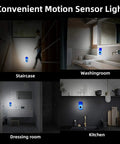 Motion Sensor Plug-In Night Light 2 Pack 3-in-1 Emergency Light in staircase, washroom, dressing room, and kitchen.