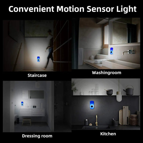 Motion Sensor Plug-In Night Light 2 Pack 3-in-1 Emergency Light in staircase, washroom, dressing room, and kitchen.