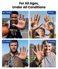 Collage of diverse individuals showing their hands in different conditions: sweaty, dirty, injured, and peeling, titled 'For All Ages, Under All Conditions'.