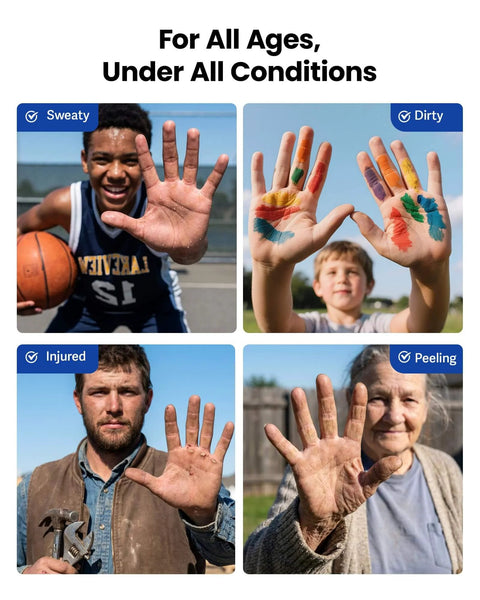 Collage of diverse individuals showing their hands in different conditions: sweaty, dirty, injured, and peeling, titled 'For All Ages, Under All Conditions'.
