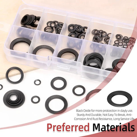 Top Shelf 160 Piece Black Double Side Lock Washer Assortment Kit Featuring Conical Spring Toothed Design For Heavy Duty Garage Projects And Quick Fixes In A Snap in clear box.