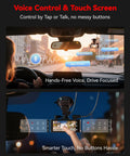 4K Front And Rear Dash Cam With Crystal Clear Starvis 2 Sensor 170 Degree Front And 140 Degree Rear 5GHz WiFi 128GB Card Included Voice Control 3.18 Inch Touch Screen GPS Loop Recording Parking Mode Easy Setup showing voice control and touch screen interface in car