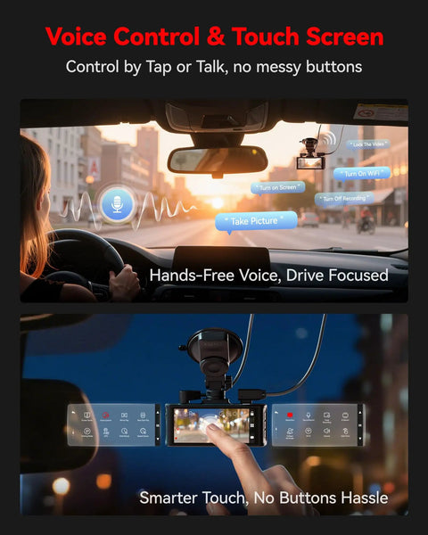 4K Front And Rear Dash Cam With Crystal Clear Starvis 2 Sensor 170 Degree Front And 140 Degree Rear 5GHz WiFi 128GB Card Included Voice Control 3.18 Inch Touch Screen GPS Loop Recording Parking Mode Easy Setup showing voice control and touch screen interface in car