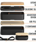 Exploded view of Premium Bento Box with 2 stackable compartments, utensils, dip container, sealing strap, and silicone seal.