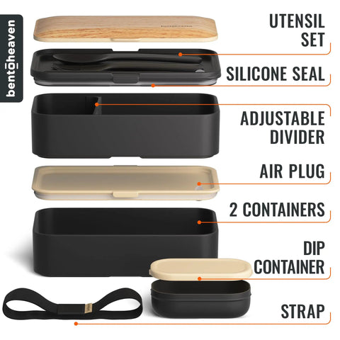 Exploded view of Premium Bento Box with 2 stackable compartments, utensils, dip container, sealing strap, and silicone seal.
