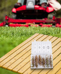 Heavy Duty Hitch Pin Set for Trailers and Tow Gear with Mower Safety Pins on wooden table, open storage kit visible