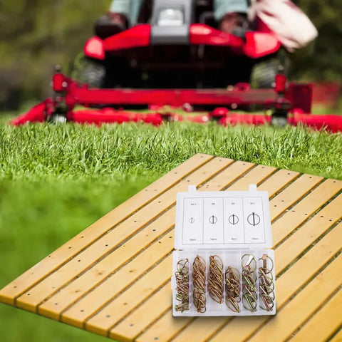 Mower Safety Pins And Dowel Pin Assortment Kit For Secure Connections, Compact Storage, Versatile For Agricultural Equipment, Lawn Mowers, Tractors, And Farm Gear Maintenance open case with zinc-coated pins, M4.5 to M11