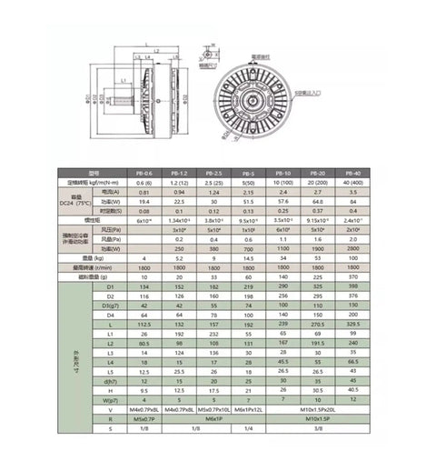 Technical diagram and specifications of 24V Single Axis Magnetic Powder Brake for Precise Tension Control in motors industrial applications.