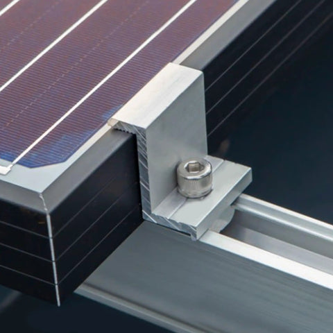 Rock Solid 10 Pack Aluminum Solar Panel End Clamps for 30mm Frame Height showing detailed clamp attachment to solar panel.