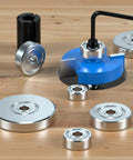 Pack Of 7 Top Notch Carbide Router Bits Set With Ball Bearings for Precision Wood Chamfering and Adjustable Cutting Depths on wood surface.