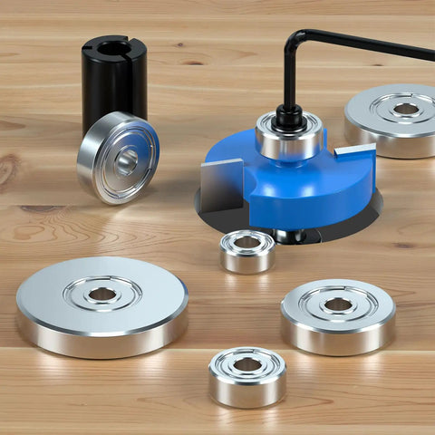 Pack Of 7 Top Notch Carbide Router Bits Set With Ball Bearings for Precision Wood Chamfering and Adjustable Cutting Depths on wood surface.