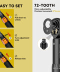 Instructions on setting the 32 Piece Bike Torque Wrench Set With One Quarter Inch Drive Click Wrenches And Bit Kit, Two To Twenty Nm Micro Adjustment With Audible Feedback, 72 Tooth Ratchet Head, Carbon Frame Protection, Calibration Certificates, And Portable Round Pouch, showing adjustment steps with 72-tooth detail.