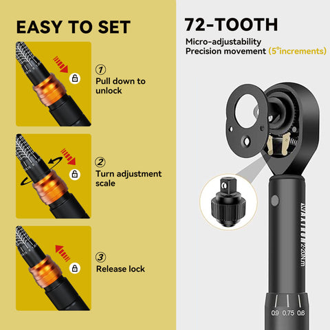 Instructions on setting the 32 Piece Bike Torque Wrench Set With One Quarter Inch Drive Click Wrenches And Bit Kit, Two To Twenty Nm Micro Adjustment With Audible Feedback, 72 Tooth Ratchet Head, Carbon Frame Protection, Calibration Certificates, And Portable Round Pouch, showing adjustment steps with 72-tooth detail.