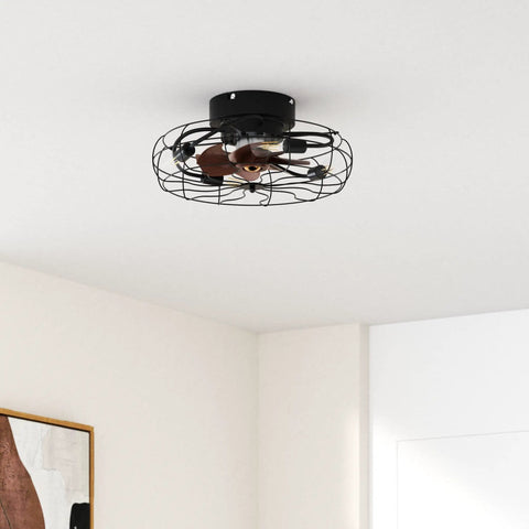 21 Inch Caged Low Profile Ceiling Fan With Light Flush Mount Farmhouse Quiet Fandelier With Remote Control mounted on ceiling
