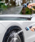 Heavy Duty Garden Hose Nozzle With Beefy Metal Build 10 Spray Patterns Thumb Control And On Off Valve High Pressure Water Sprayer in use