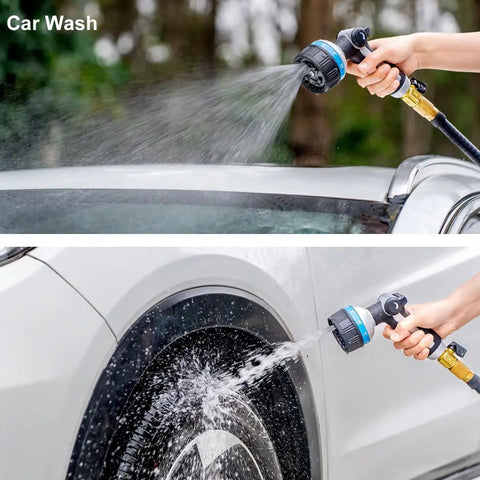 Heavy Duty Garden Hose Nozzle With Beefy Metal Build 10 Spray Patterns Thumb Control And On Off Valve High Pressure Water Sprayer in use