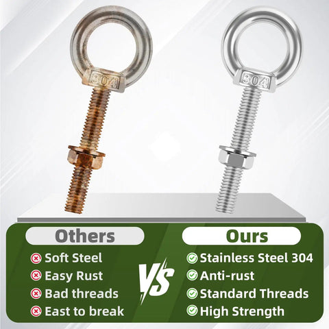 Comparison of rusty and stainless steel eye bolts with 304 markings, part of 4 Pack M8 X 100mm Stainless Steel Eye Bolts With Nuts And Washers Lifting Ring Eyebolt Kit For Swing Board Furniture And DIY Projects 5/16 Inch Threaded Heavy Duty Hardware.