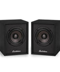 Black powered bookshelf speakers with built-in amplifier and 3-inch drivers for turntables, TV, PC, and wireless music streaming.