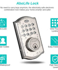 Keypad Deadbolt Lock With Backlit Keypad For Keyless Entry, Satin Nickel, weatherproof design, shown with water droplets.