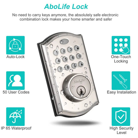 Keypad Deadbolt Lock With Backlit Keypad For Keyless Entry, Satin Nickel, weatherproof design, shown with water droplets.