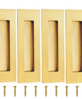 Set of 4 6 Inch Recessed Finger Flush Door Pulls for Pocket and Sliding Barn Doors in Brushed Gold Stainless Steel with screws visible