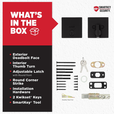 Downtown Matte Black Deadbolt Lock With Square Exterior Keyed Front Entry, Pick-Resistant SmartKey Rekey Security, kit contents