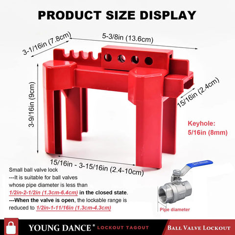 Adjustable Ball Valve Lockout Device For Half Inch To Two And A Half Inch Pipes Red Outdoor Water Spigot Lock Industrial Faucet Handle Locking Kit For Safe Valve Isolation OSHA Compliant Energy Lockout with size dimensions displayed.