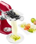 Power Hub Compatible Vegetable Sheet Cutter Attachment for Stand Mixers with veggie sheets of zucchini, apples, and cucumbers