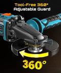 Flathead Brushless Cordless Angle Grinder Kit With Five Amp Hour Battery And Fast Charger showing 360° adjustable guard