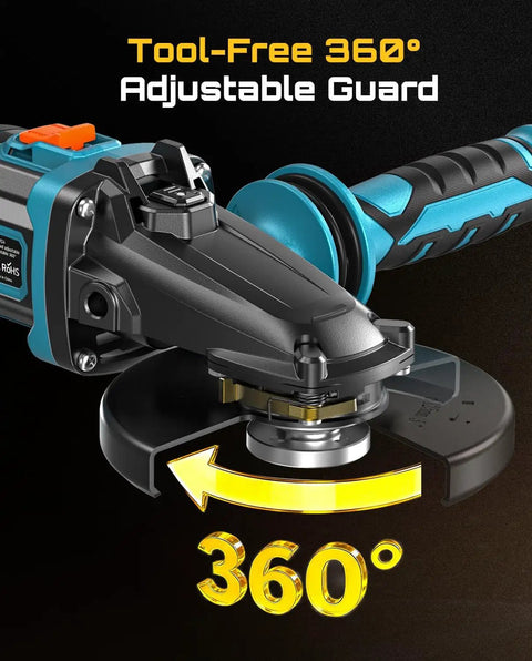 Flathead Brushless Cordless Angle Grinder Kit With Five Amp Hour Battery And Fast Charger showing 360° adjustable guard
