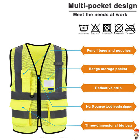Five Pack Hi Vis Construction Vests Size XXL With 7 Pockets And 360 Degree Reflective Strips Lightweight 100 Percent Polyester Neon Safety Gear For Outdoor Work showing multi-pocket design