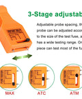 24V Car Fuse Tester And Puller Kit With LED Indicator For ATO ATC Blade And Glass Tube Fuses, Quick Pull, Pro Grade Auto Fuse Extractor For Small, Medium And Large Fuses. Orange plastic 3-stage adjustable fuse tester for MAX, ATC, and ATM fuses.