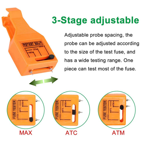 24V Car Fuse Tester And Puller Kit With LED Indicator For ATO ATC Blade And Glass Tube Fuses, Quick Pull, Pro Grade Auto Fuse Extractor For Small, Medium And Large Fuses. Orange plastic 3-stage adjustable fuse tester for MAX, ATC, and ATM fuses.