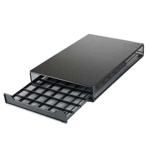 Keep Your Kitchen Game Tight With This Metal Coffee Pod Drawer Holds Sixty Nespresso Capsules Effortless Slide Design Lets You Snag Pods Without Breaking A Sweat, heavy-duty black metal drawer with gliding tracks.
