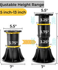 Four Pack Adjustable Bed Support Legs Eight Point Five To Thirteen Inches Heavy Duty Center Slat Reinforcement Kit showing height adjustments.