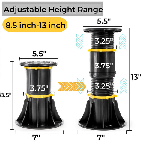 Four Pack Adjustable Bed Support Legs Eight Point Five To Thirteen Inches Heavy Duty Center Slat Reinforcement Kit showing height adjustments.