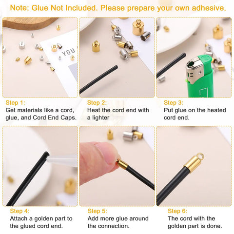 Step-by-step guide using Stainless Steel Cord End Caps 4mm ID Barrel Ends for DIY Jewelry Making, 20 Pack in Gold and Silver Tone.