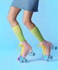 2 Piece Roller Skate Toe Guards Set For Quad Skates, Artificial Leather Protectors In Rainbow Solid Pattern on pink skates