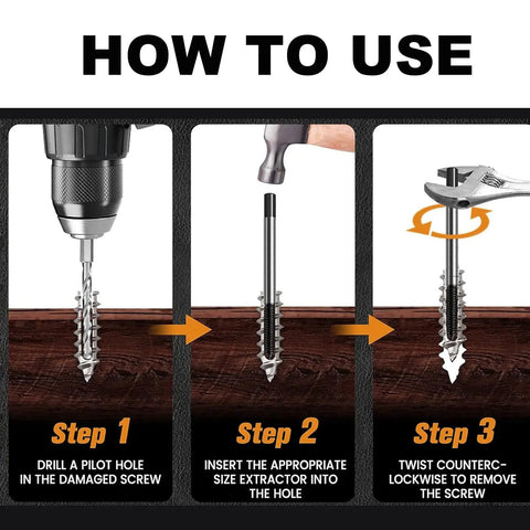 Instructions for using 6 Piece Screw Extractor Set Made From 35CrMo Steel With Spiral Groove on screws.