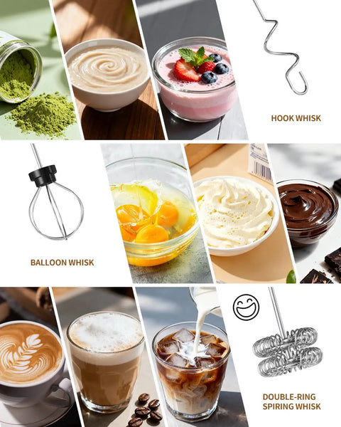 Dope Rechargeable Handheld Milk Frother Wand With Stand, 3 Speed Settings, hook, balloon, and double-ring whisks for drinks