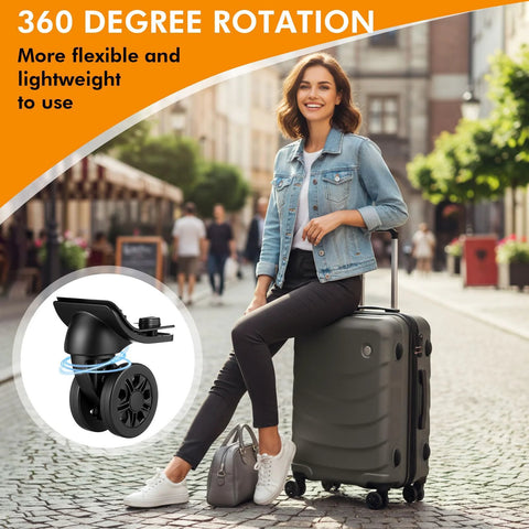 Four Pcs Luggage Wheel Replacement Set With Two Left And Two Right Caster Wheels Includes Screws And Screwdriver For Suitcase Repair Quiet Bearing Spinner Wheels For Smooth Rolling And Durable Travel Luggage Maintenance, featuring a woman sitting on a suitcase with a close-up of a caster wheel.