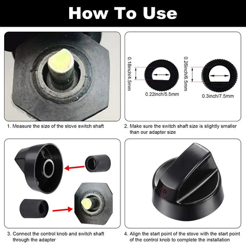 4 Pack Control Knobs Replacement Kit With 12 Adapters For Oven Stove Range No Fuss Universal Fit For RVs Campers Trailers Black Includes Long And Short Adapters For Most Brands