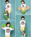 Child wearing printed t-shirt with skateboard, showcasing 170 sheets sublimation paper 125Gsm 8 by 11 inch A4 heat transfer.