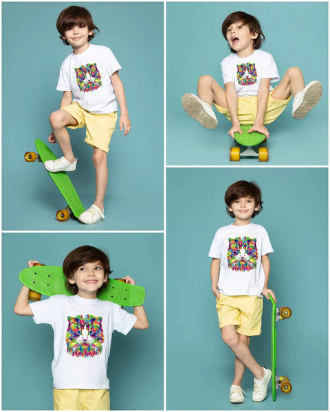 Child wearing printed t-shirt with skateboard, showcasing 170 sheets sublimation paper 125Gsm 8 by 11 inch A4 heat transfer.
