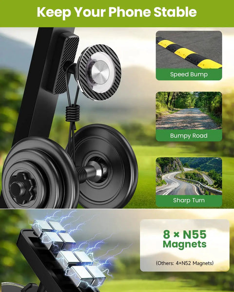 Magnetic Golf Cart Phone Holder 2 Pack With 360 Degree Rotation Upgraded Magnetic Phone Mount showing stability features.